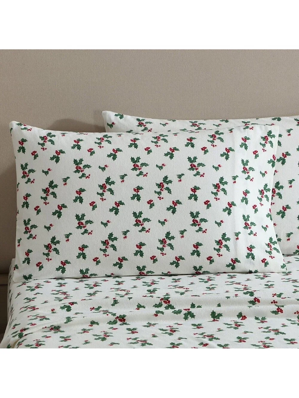 Lenox Flannel Sheet Set, Holly Green Berries, QUEEN